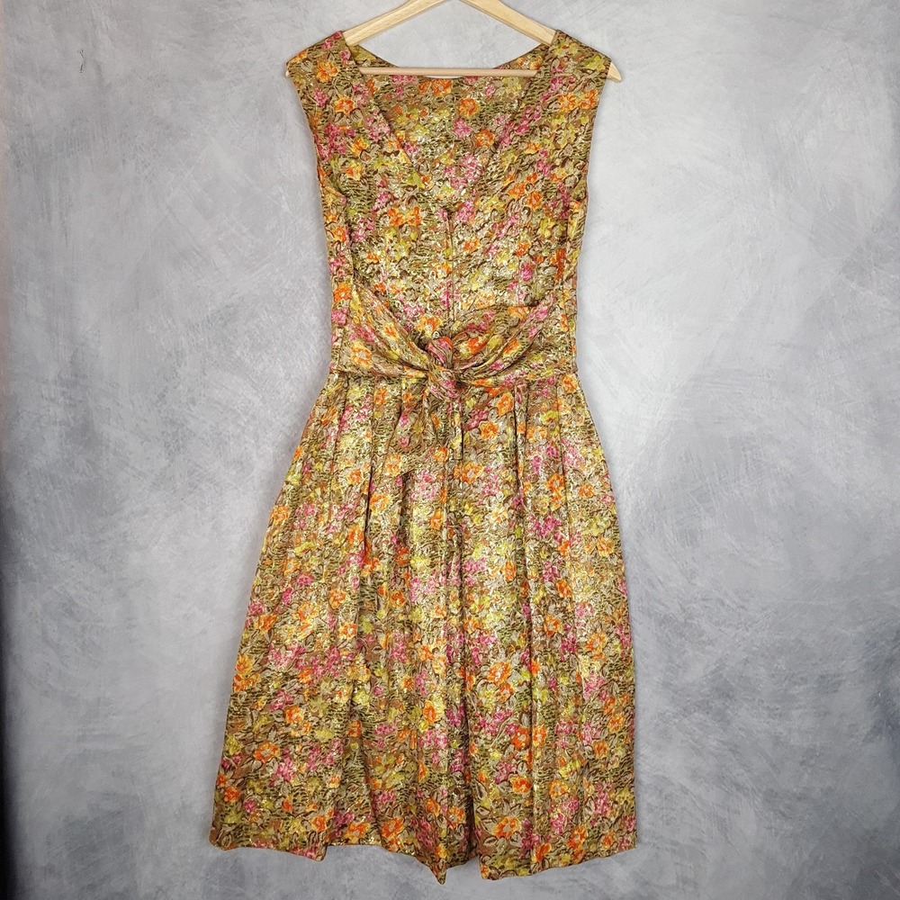 Vintage Suzy Perette Dress Womens Small Floral Metallic Jacquard Fit Flare 60s - Picture 7 of 16